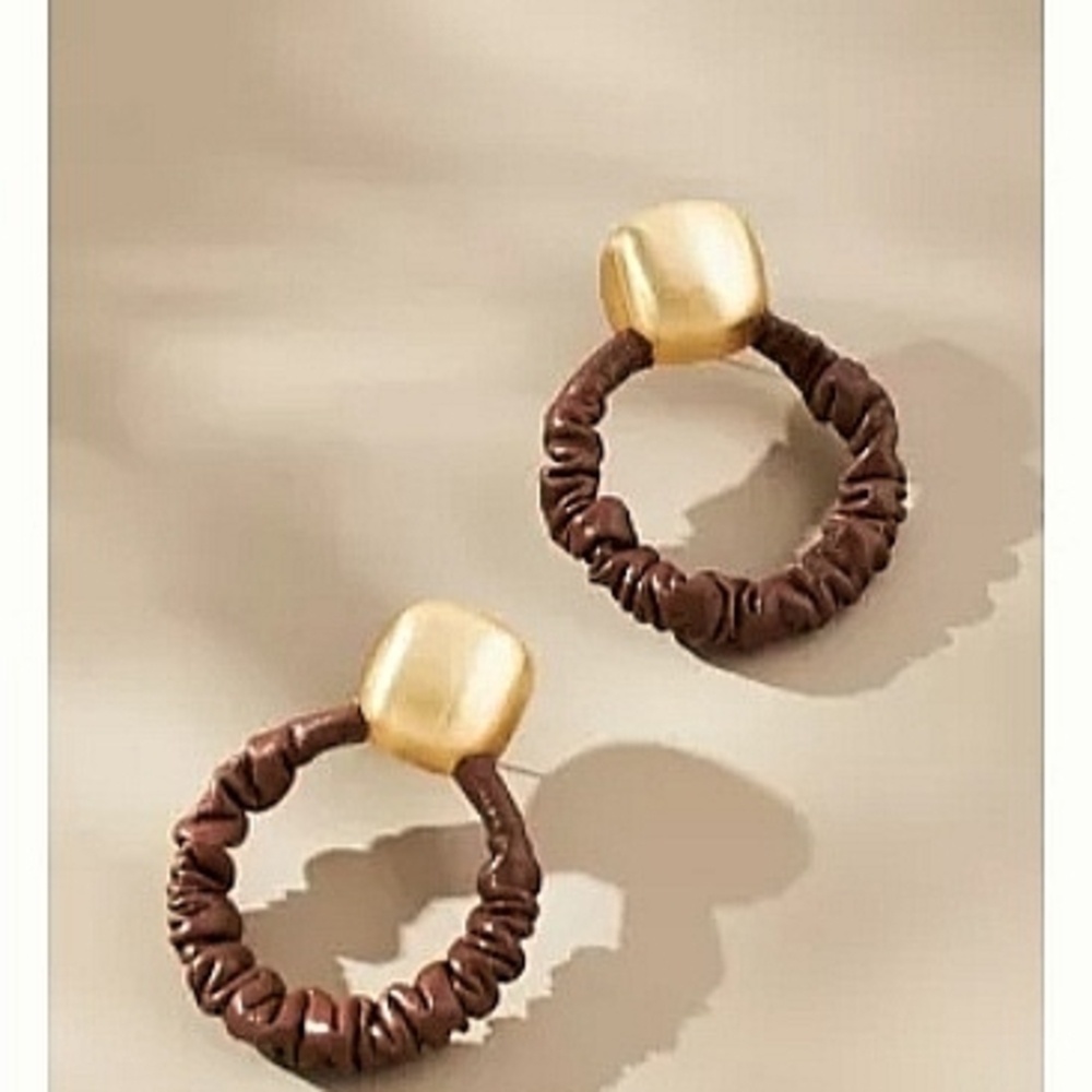 NWT Anthropologie Gold And Leather Hoop Earrings Spring